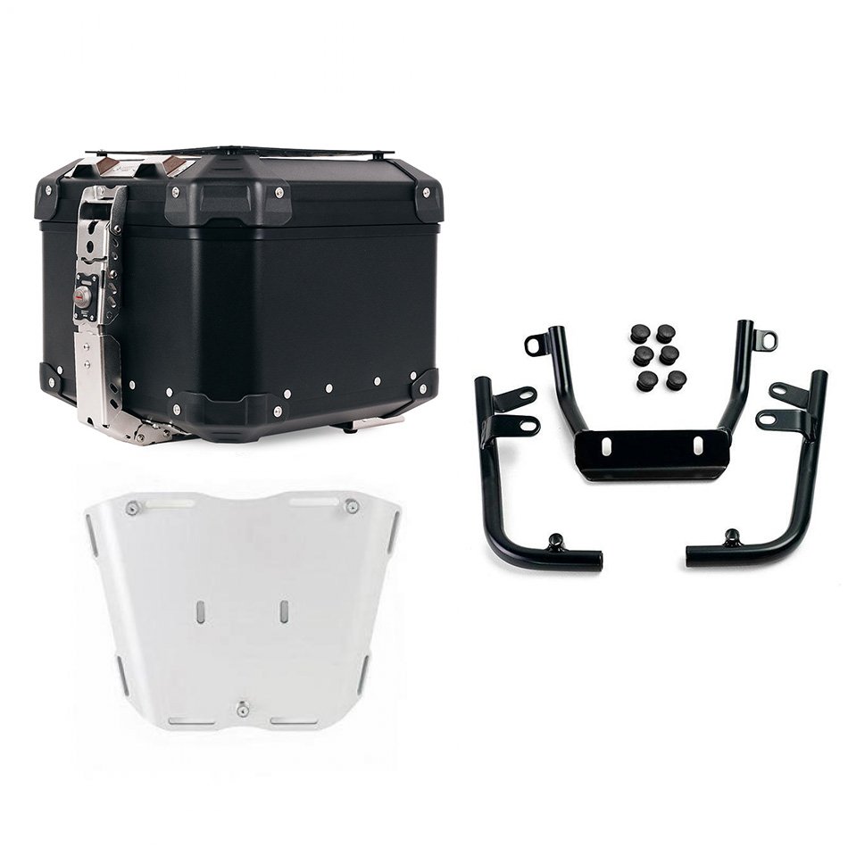 Top case universel en aluminium Atlas 44L + Plaque Pan America pour top case Atlas avec support