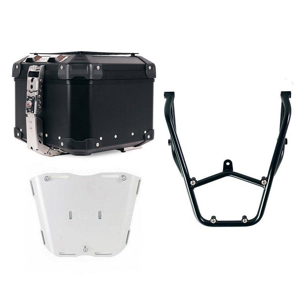 Top case universel en aluminium Atlas 44L + Porte-bagages arrière avec poignées passager Aprilia Tuareg 660 Noir