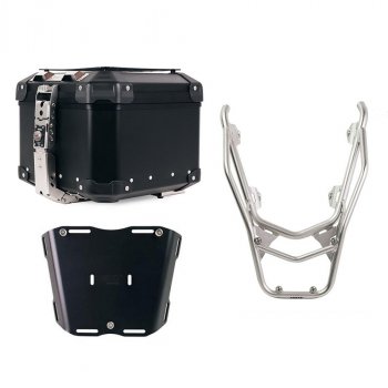 Top case universel en aluminium Atlas 44L + Porte-bagages arrière avec poignées passager BMW R1300GS (couleur argent)