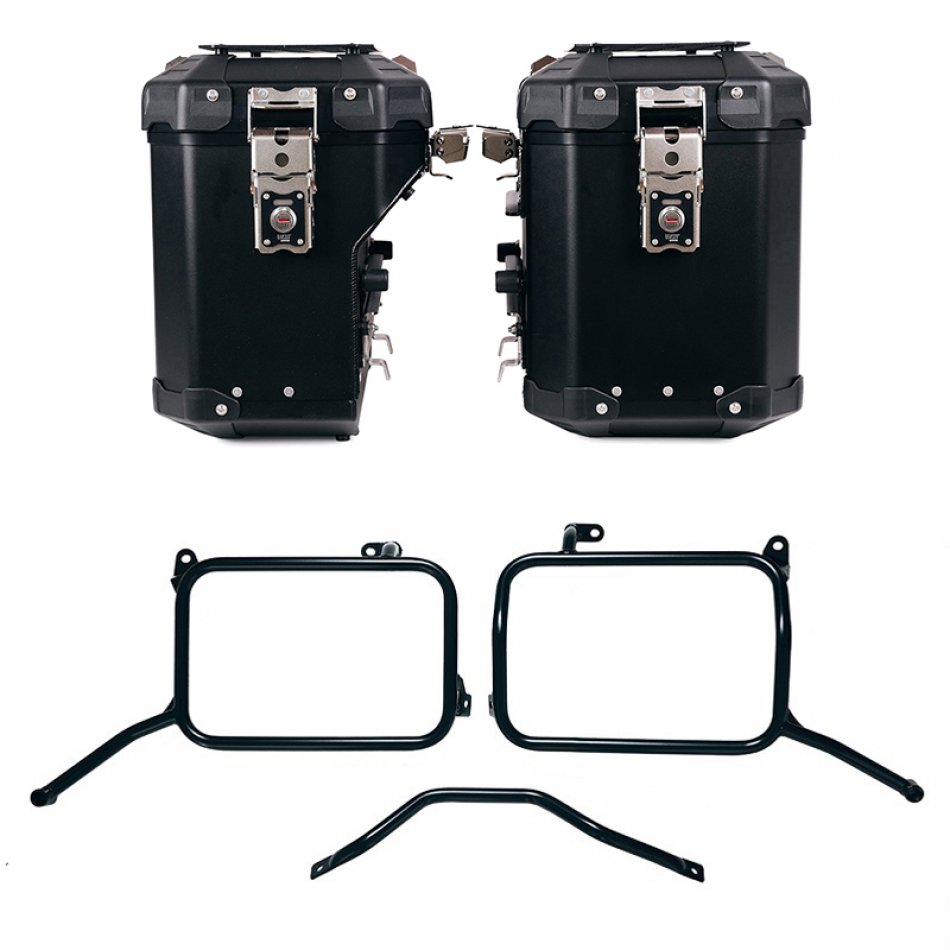 Ensemble de sacoches latérales Atlas en aluminium 48L+41L + Cadres de sacoches en aluminium pour échappement aftermarket Royal Enfield Himalayan 450 (à partir de 2024)