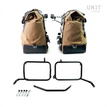 Paire de sacoches cavalières Cult en Toile 40L - 50L + Paire de plaques aluminium + Cadres de sacoches en aluminium noir Moto Guzzi V85TT