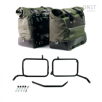 Paire de sacoches cavalières Cult en Toile 40L - 50L + Paire de plaques aluminium + Cadres de sacoches en aluminium noir Moto Guzzi V85TT