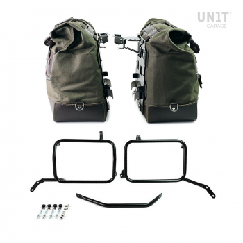 Paire de sacoches cavalières Cult en Toile 40L - 50L + Paire de plaques aluminium + Cadres de sacoches en aluminium noir Moto Guzzi V85TT