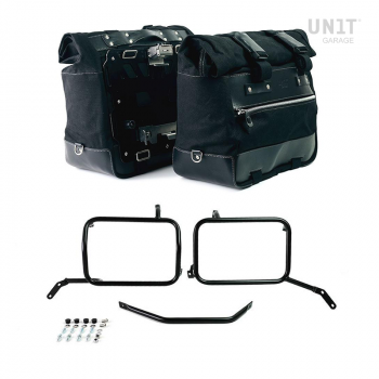 Paire de sacoches cavalières Cult en Toile 40L - 50L + Paire de plaques aluminium + Cadres de sacoches en aluminium noir Moto Guzzi V85TT