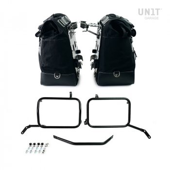 Paire de sacoches cavalières Cult en Toile 40L - 50L + Paire de plaques aluminium + Cadres de sacoches en aluminium noir Moto Guzzi V85TT