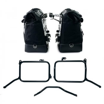 Paire de sacoches latérales Cult Canvas 40 L - 50 L + paire de plaques en aluminium + cadres de sacoches en aluminium pour Royal Enfield Himalayan 450 pour échappement aftermarket (à partir de 2024)