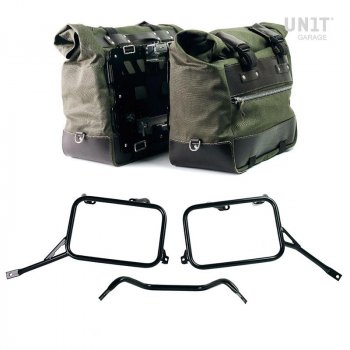 Paire de sacoches cavalières Cult en Toile 40L - 50L + Paire de plaques alu + Cadres de sacoches alu Triumph Bonneville T120