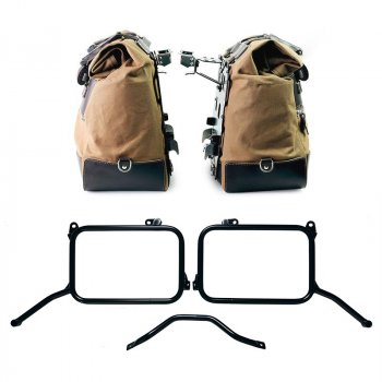 Paire de sacoches latérales Cult Canvas 40L - 50L + Paire de plaques en aluminium + Cadres Royal Enfield Himalayan 450 pour échappement d'origine (à partir de 2024)