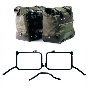 Paire de sacoches latérales Cult Canvas 40L - 50L + Paire de plaques en aluminium + Cadres Royal Enfield Himalayan 450 pour échappement d'origine (à partir de 2024)