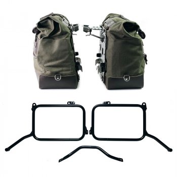 Paire de sacoches latérales Cult Canvas 40L - 50L + Paire de plaques en aluminium + Cadres Royal Enfield Himalayan 450 pour échappement d'origine (à partir de 2024)