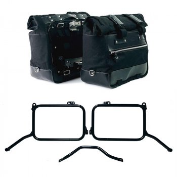 Paire de sacoches latérales Cult Canvas 40L - 50L + Paire de plaques en aluminium + Cadres Royal Enfield Himalayan 450 pour échappement d'origine (à partir de 2024)