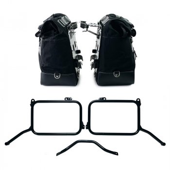 Paire de sacoches latérales Cult Canvas 40L - 50L + Paire de plaques en aluminium + Cadres Royal Enfield Himalayan 450 pour échappement d'origine (à partir de 2024)