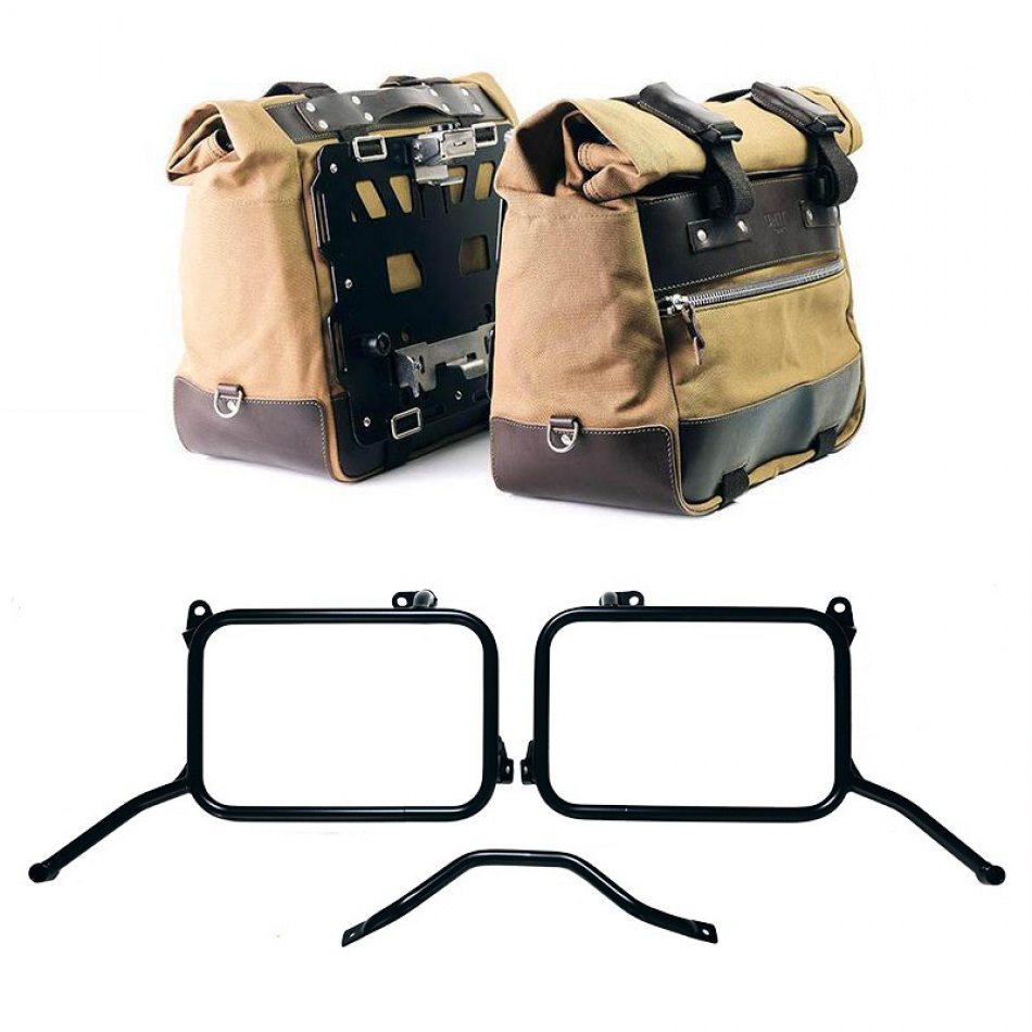 Paire de sacoches latérales Cult Canvas 40L - 50L + Paire de plaques en aluminium + Cadres Royal Enfield Himalayan 450 pour échappement d'origine (à partir de 2024)