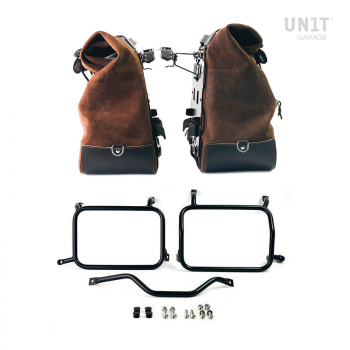 Paire de sacoches cavalières Cult en croûte de cuir 40L - 50L + Plaque Aluminium + Cadres de sacoches en aluminium Atlas HD Pan America