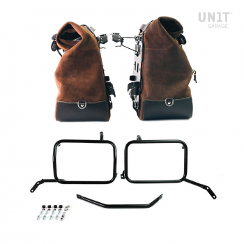 Paire de sacoches cavalières Cult en croûte de cuir 40L - 50L + Plaque Aluminium + Cadres de sacoches en aluminium noir Moto Guzzi V85TT