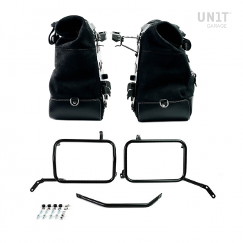 Paire de sacoches cavalières Cult en croûte de cuir 40L - 50L + Plaque Aluminium + Cadres de sacoches en aluminium noir Moto Guzzi V85TT