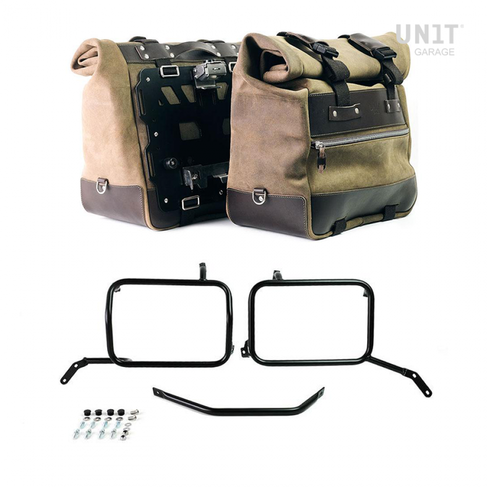 Paire de sacoches cavalières Cult en croûte de cuir 40L - 50L + Plaque Aluminium + Cadres de sacoches en aluminium noir Moto Guzzi V85TT