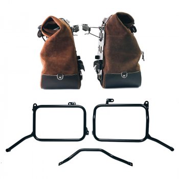 Paire de sacoches latérales cultes en croûte de cuir 40 L - 50 L + plaque en aluminium + cadres de sacoches en aluminium pour Royal Enfield Himalayan 450 pour échappement aftermarket (à partir de 2024)