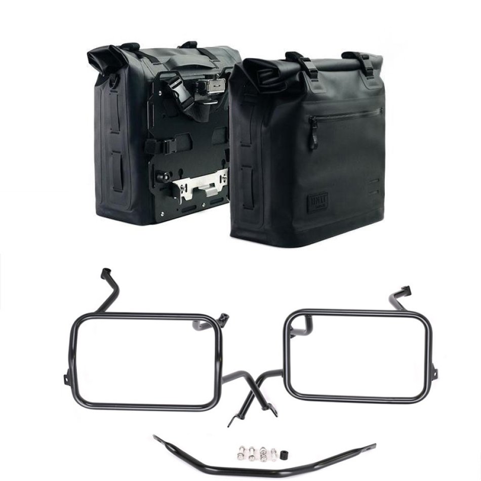 Deux sacoches cavalières Khali en TPU 35L - 45L + Paire de plaques aluminium + Cadres de sacoches en aluminium Atlas BMW F450GS