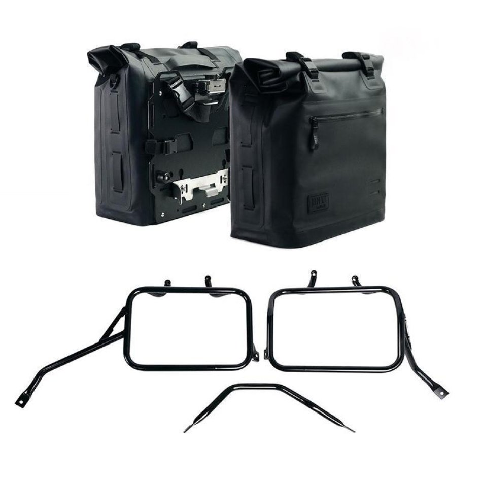 Deux sacoches cavalières Khali en TPU 35L - 45L + Paire de plaques aluminium + Cadres de sacoches en aluminium Triumph Tracker 400