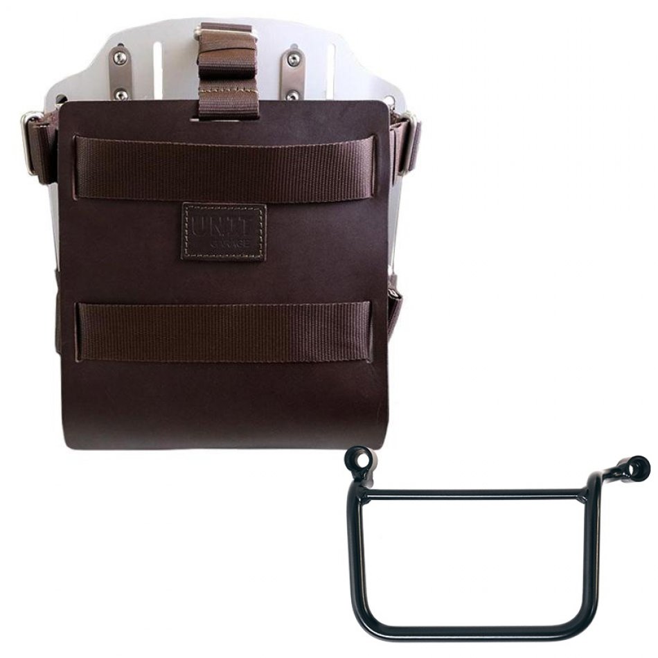 Porte-sac en aluminium avec façade en cuir réglable et raccord rapide + Cadre Gauche Royal Enfield Guerrilla 450