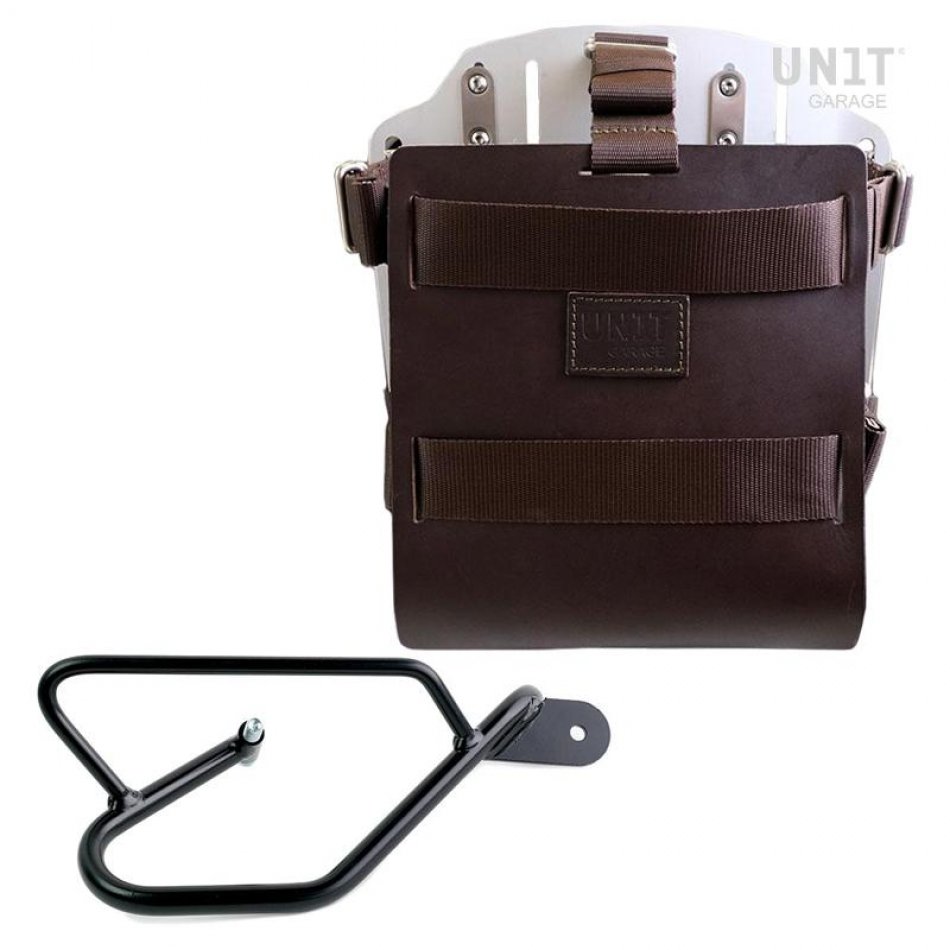 Support de sac en aluminium avec façade en cuir réglable, attache rapide et cadre